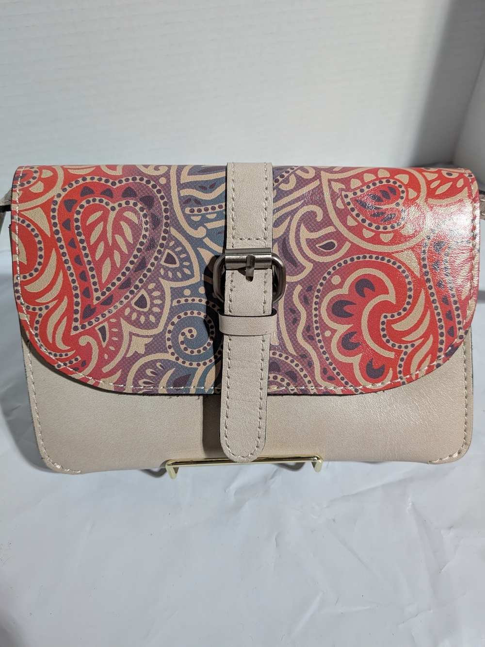 Patricia Nash Torri Neutral Leather Crossbody with Red & Purple Paisley Flap